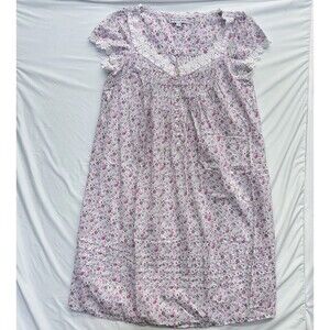 Eileen West Women’s Floral Cotton Nightgown M Pink White Lace Pintuck Button
